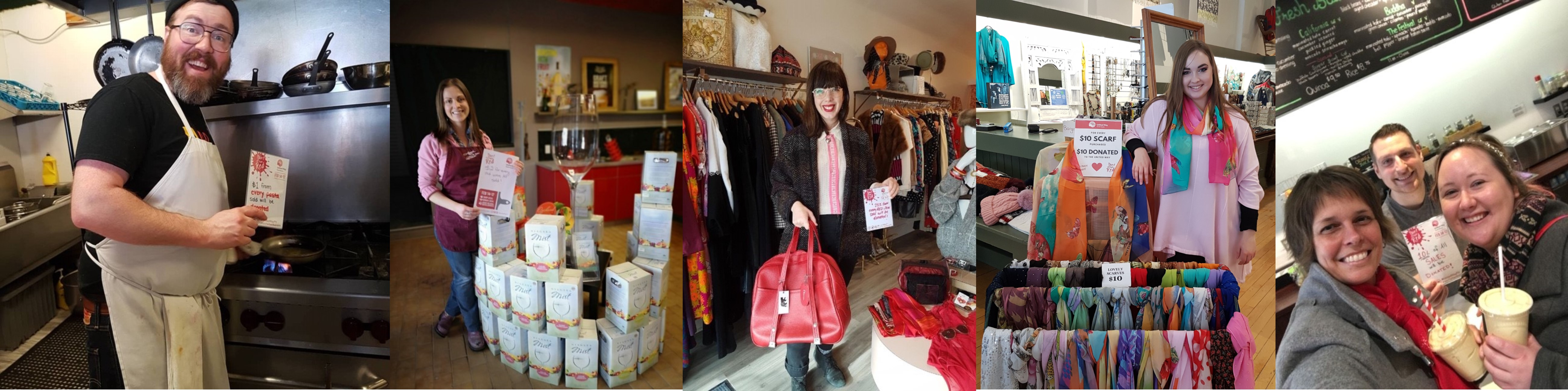 Four pictures of business merchants standing with their products demonstrating their promotion for the event; Paint the Town Red