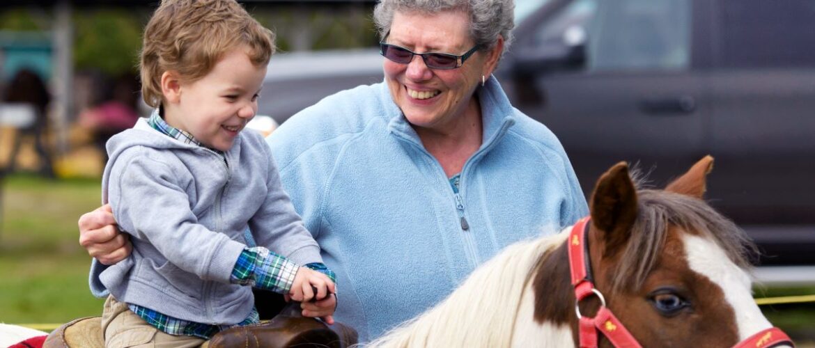 An old woman helps a young boy ride a pony at a country fair.