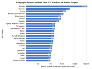This chart shows around 20 languages with over 100 native speakers in Huron-Perth. The largest are English, German, and Dutch.