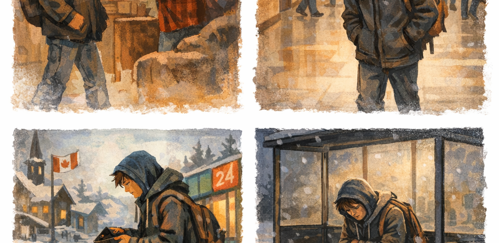 Four images show scenes from a young man’s life: family conflict, school isolation, checking his empty wallet, and resting in a snowy bus stop.