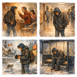 Four images show scenes from a young man’s life: family conflict, school isolation, checking his empty wallet, and resting in a snowy bus stop.