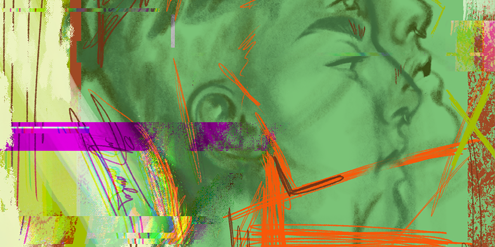 A dreamy image shows multiple images of a young queer person in profile, with digital glitch effects and scribbles representing the disorientation of gender dysphoria.