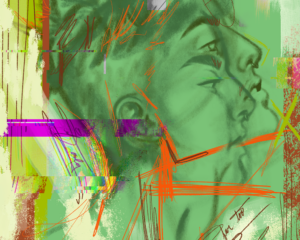 A dreamy image shows multiple images of a young queer person in profile, with digital glitch effects and scribbles representing the disorientation of gender dysphoria.