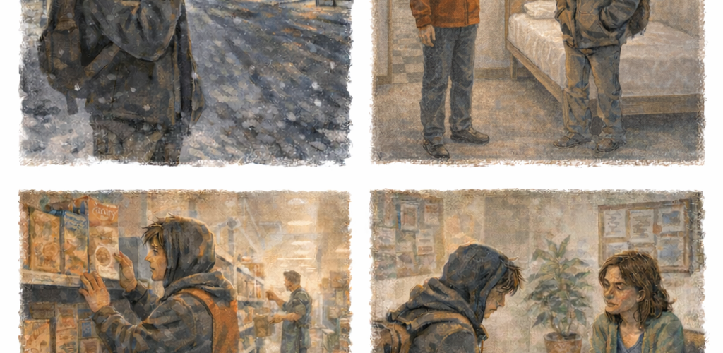 Four images show scenes from a young man’s life: reaching out for help, accessing temporary shelter, working at a grocery store, and getting counselling.