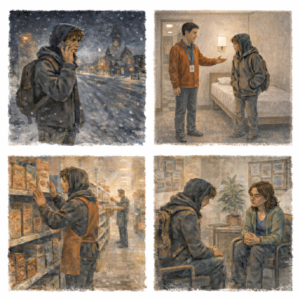 Four images show scenes from a young man’s life: reaching out for help, accessing temporary shelter, working at a grocery store, and getting counselling.