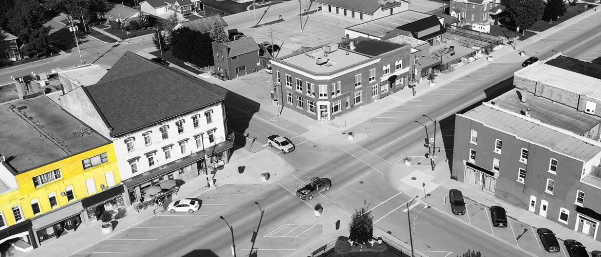 A downtown strip in a rural town.