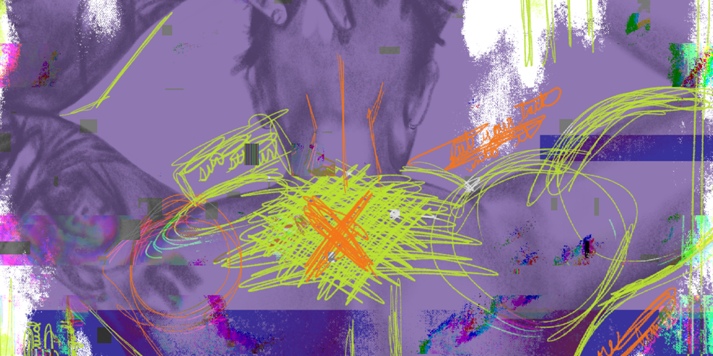A dreamy image shows a young queer person shirtless from behind, with digital glitch effects and scribbles representing the disorientation of gender dysphoria.