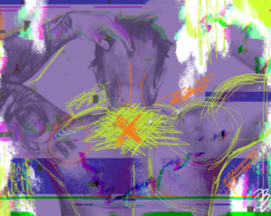 A dreamy image shows a young queer person shirtless from behind, with digital glitch effects and scribbles representing the disorientation of gender dysphoria.