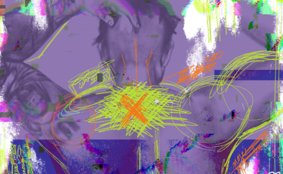 A dreamy image shows a young queer person shirtless from behind, with digital glitch effects and scribbles representing the disorientation of gender dysphoria.