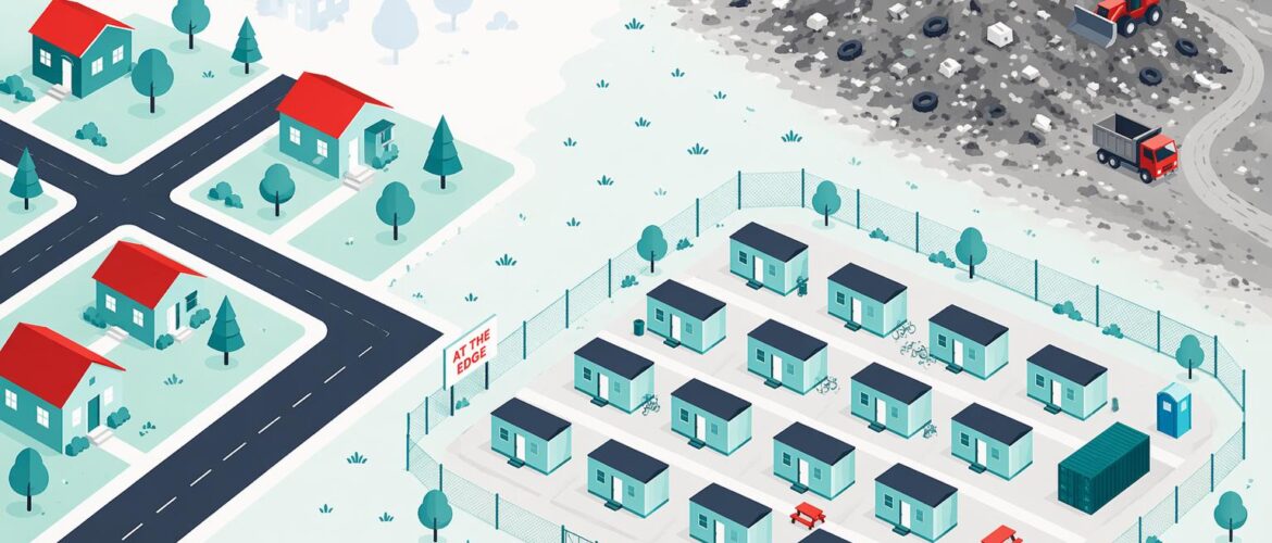 A stylized illustration of a fenced tiny shelter community located at the edge of town by the dump.