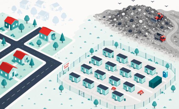 A stylized illustration of a fenced tiny shelter community located at the edge of town by the dump.