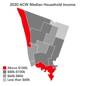 A map of ACW dissemination areas, showing median incomes as described.