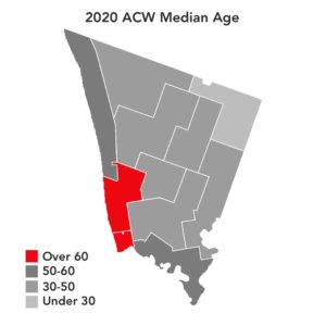 A map of ACW dissemination areas, showing median ages, with shoreline areas having median ages over 50.