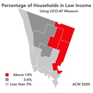 A map of ACW dissemination areas, showing that poverty is dramatically higher in northeast areas.