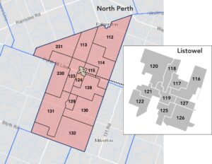 A map showing how North Perth is subdivided, with Listowel highlighted and divided into even smaller parts.