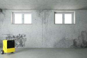A barren vacant room with a dehumidifier in the corner.