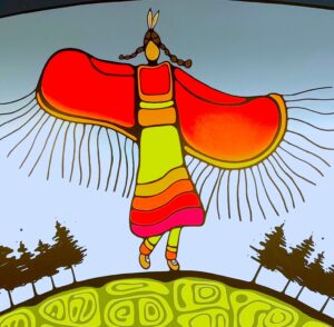 A painting of a dancer with feathers in her braided hair, a striped dress with fringed sleeves, and moccasins, dancing on the back of a turtle from which trees are growing (Turtle Island).
